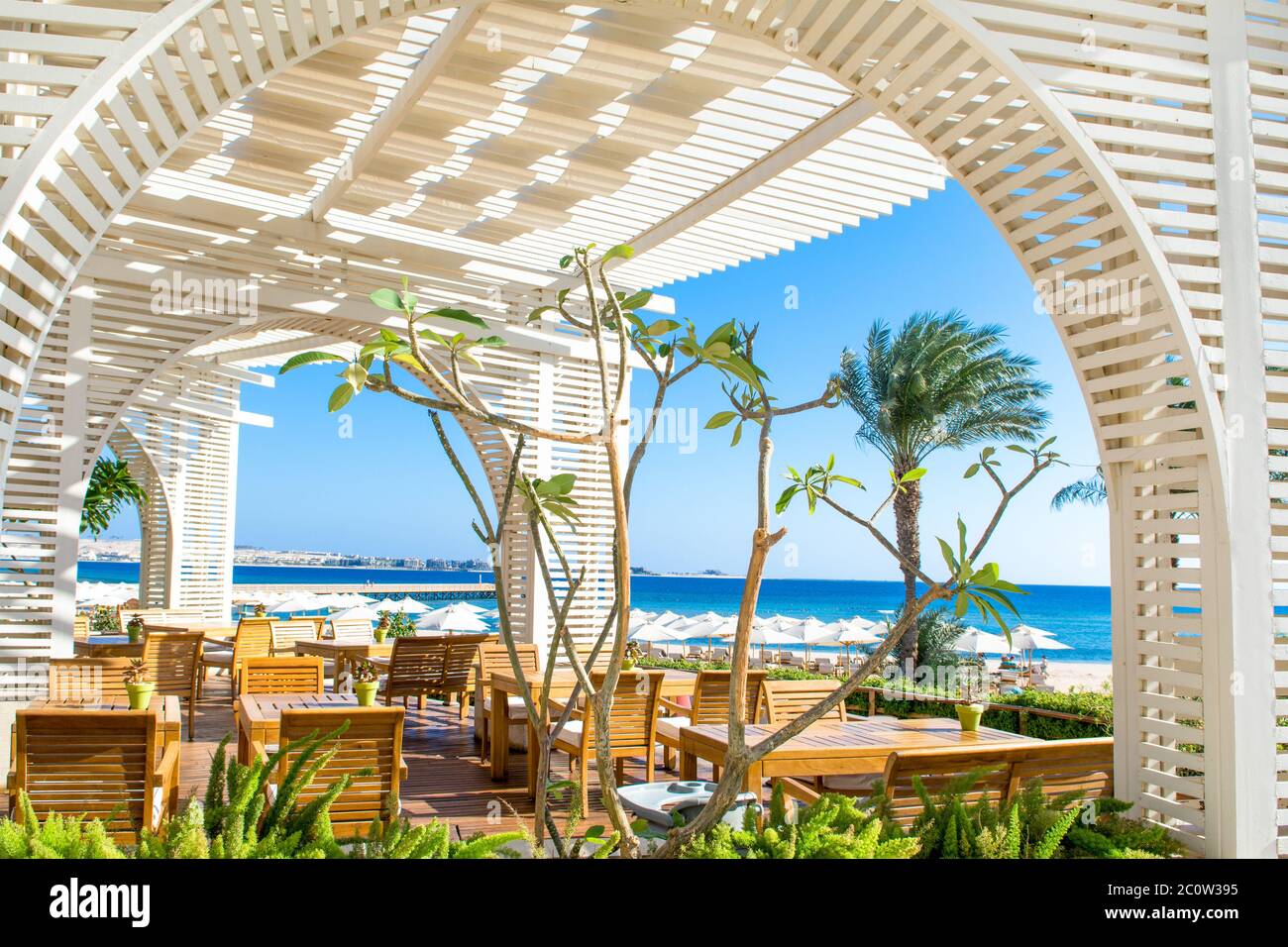 Sahl Hasheesh, Egypt - 1 November 2017: Beach restaurant in beautiful ...