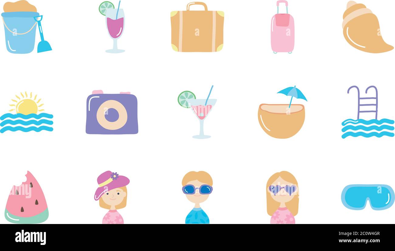 snorkel goggles and Summer icon set over white background, flat style