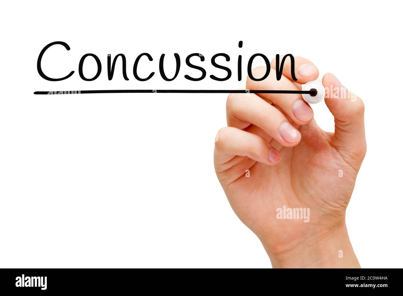 Hand writing the word Concussion with black marker on transparent wipe board. Stock Photo