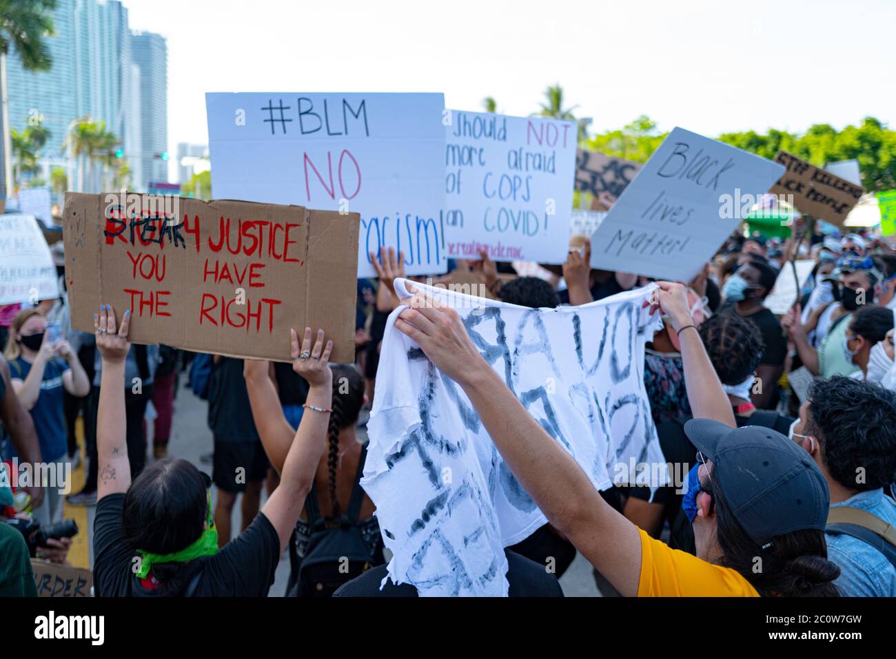 Miami Downtown, FL, USA - MAY 31, 2020: Justice for George Floyd. No justice no peace. Demonstration against racism, US activist. Emotional anti racis Stock Photo