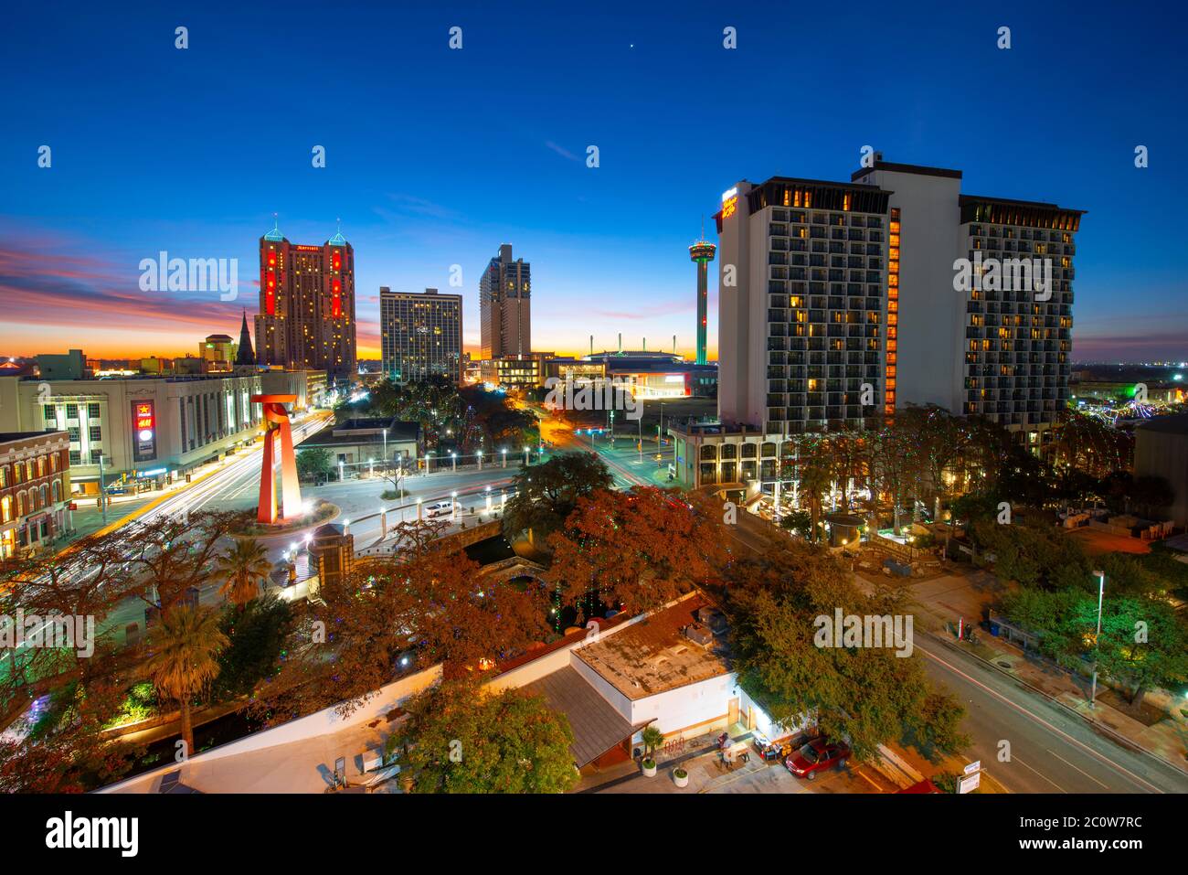 San Antonio city skyline panorama at sunrise twilight in downtown San Antonio, Texas, USA. The
