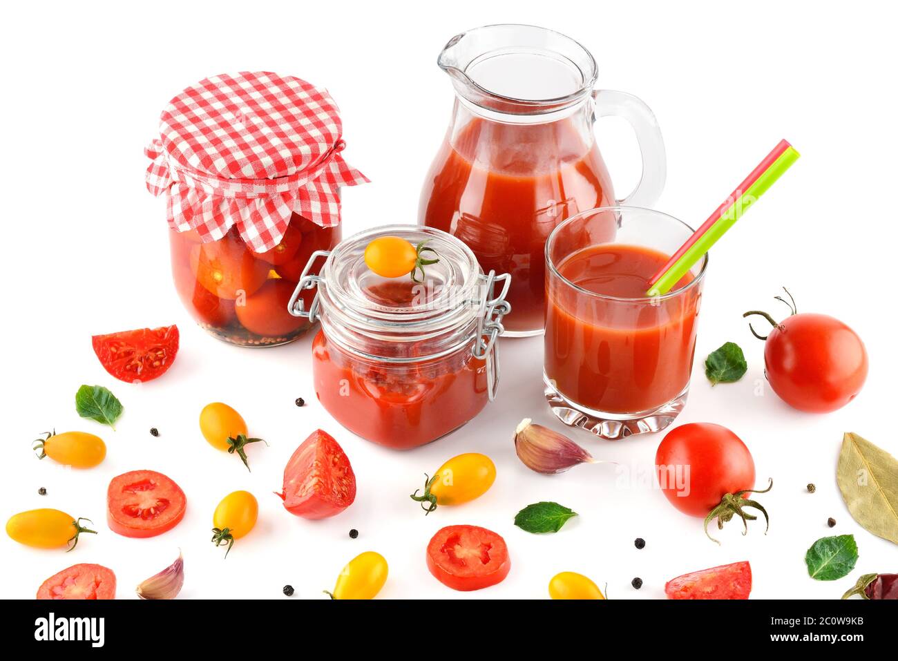 Tomato juice, ketchup and tomato isolated on white background. Flat lay
