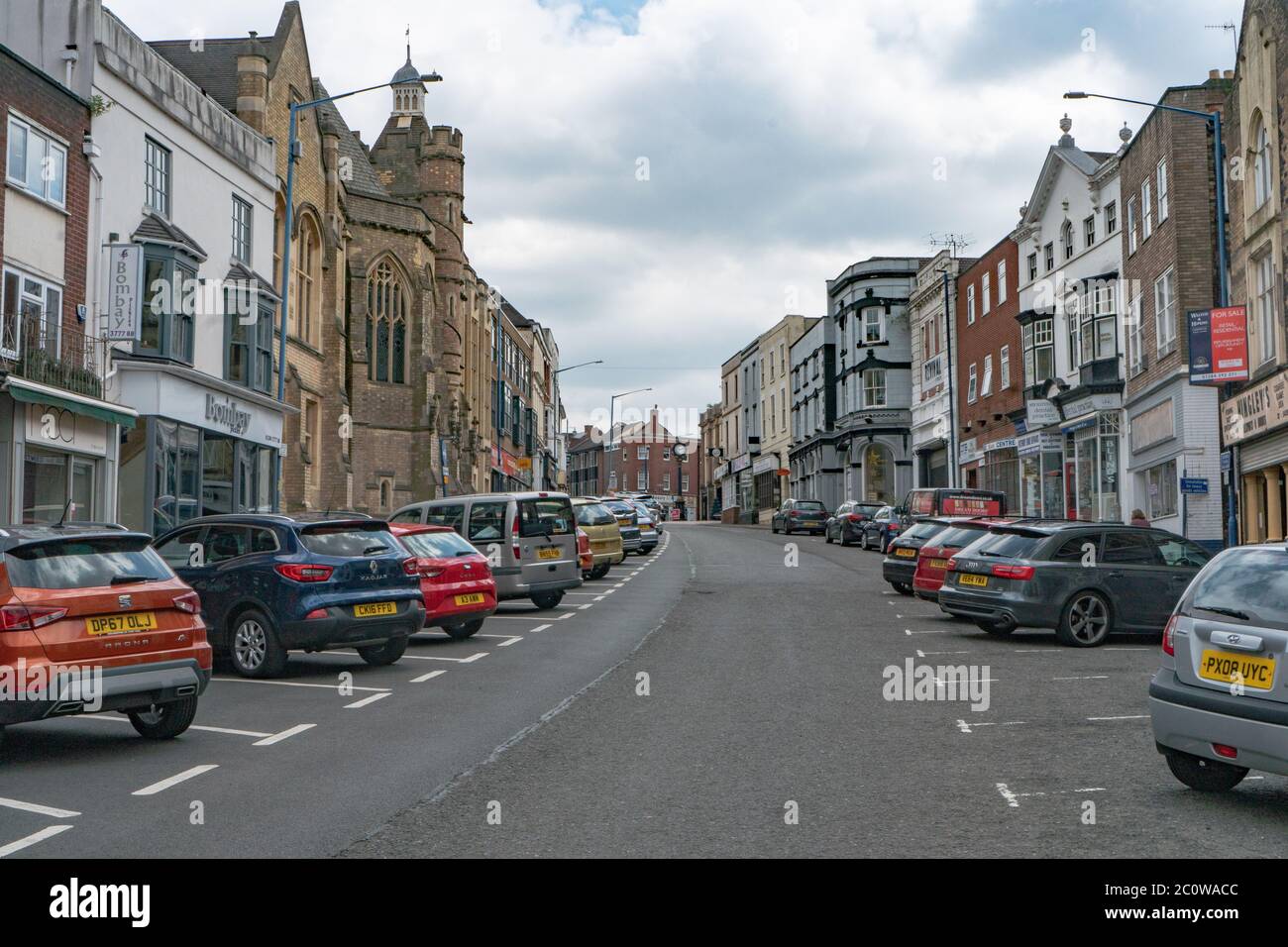 Stourbridge High Street with pedestrians and cars during Covid-19 Pandemic. June 2020. UK Stock Photo