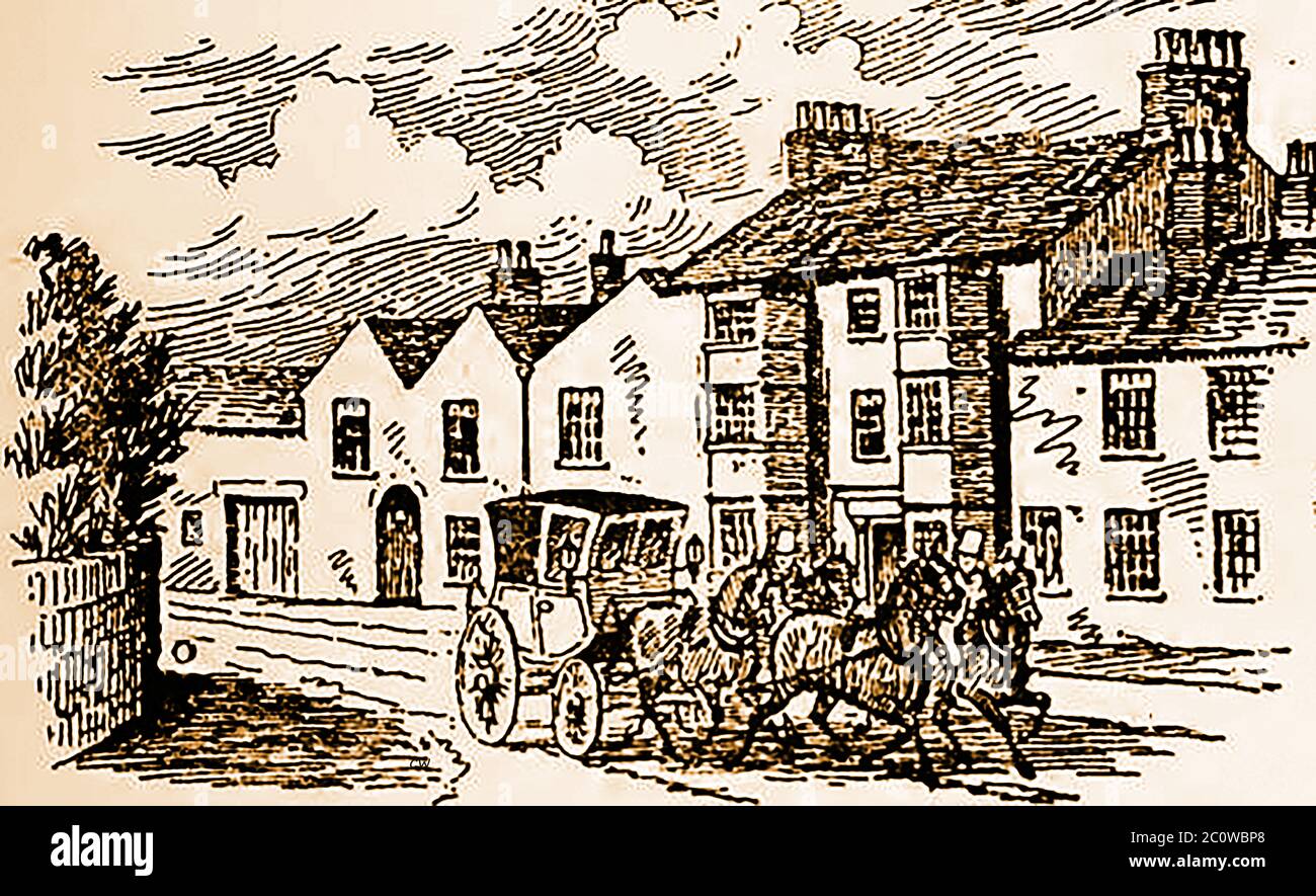 An old sketch of a coach and four passing the  old Fox Inn, Brotherton. Though not a true coaching in, it was well known to animal drovers as it was  formerly a drovers' house kept by Mr. Robert Jenkinson, who had plenty of accommodation room  for the great droves of cattle which periodically came from the north. The Old Fox stood at the junction of the two great branches of the Great North Road and thus drew custom from those travelling to Wetherby, Catterick, Bowes, and Appleby, and the other by Tadcaster, York, Northallerton, and Darlington Stock Photo