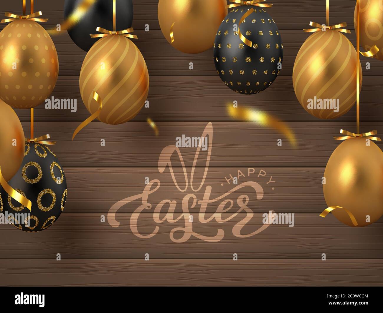 Happy Easter banner with hanging golden eggs. Stock Vector