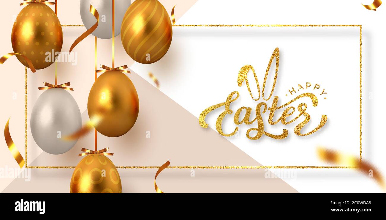 Happy Easter banner with hanging golden eggs. Stock Vector