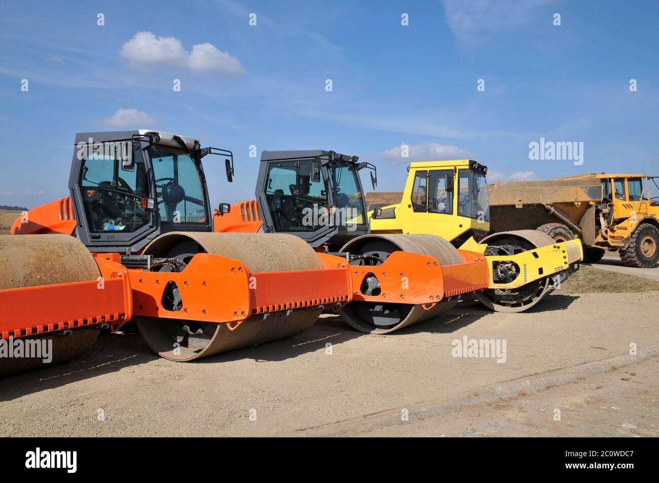 steamroller roller building machine road roller truck lorry construction site Stock Photo