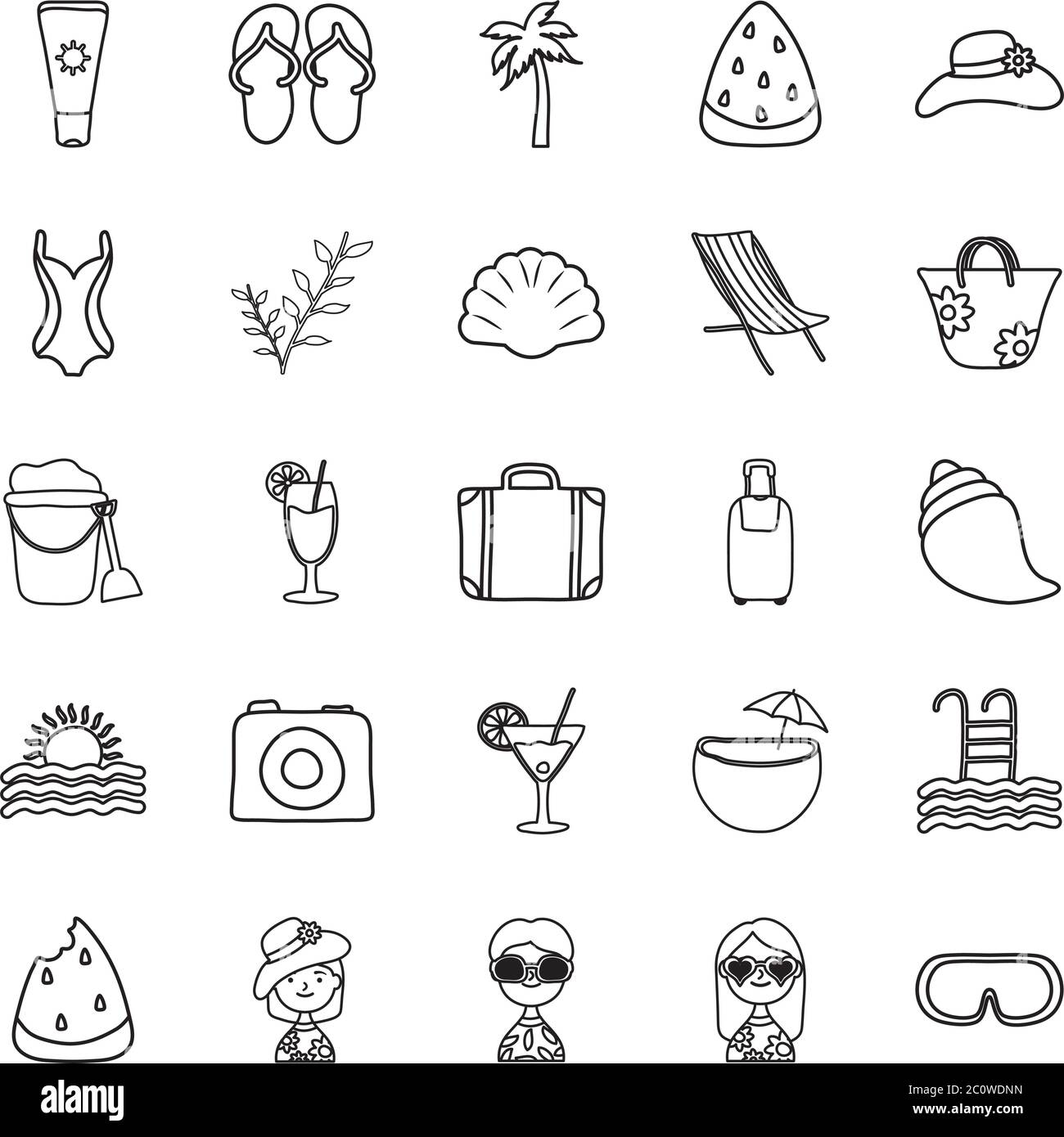 travel suitcase and Summer icon set over white background, line style ...
