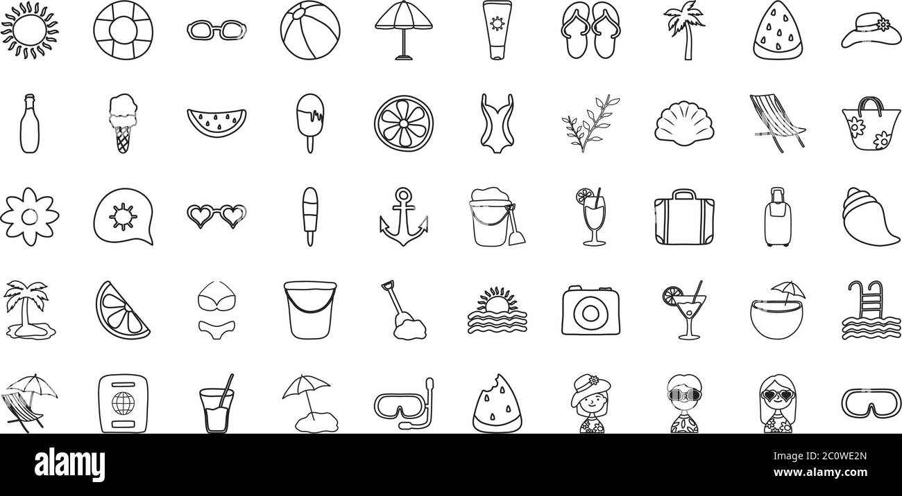 summer icon set over white background, line style, vector illustration ...