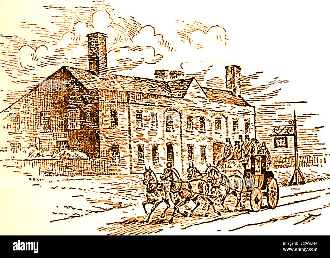 A stagecoach leaving the Crown Inn, Bawtry England  (owner  and postmaster , William Adams) in the coaching era. The Post Office within a long narrow yard was generally known as the 'receiving house' at the time Stock Photo