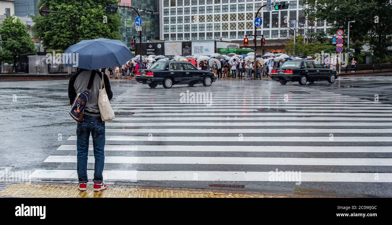 Man with umbrella during a rainy day in Shibuya waiting to cross the ...
