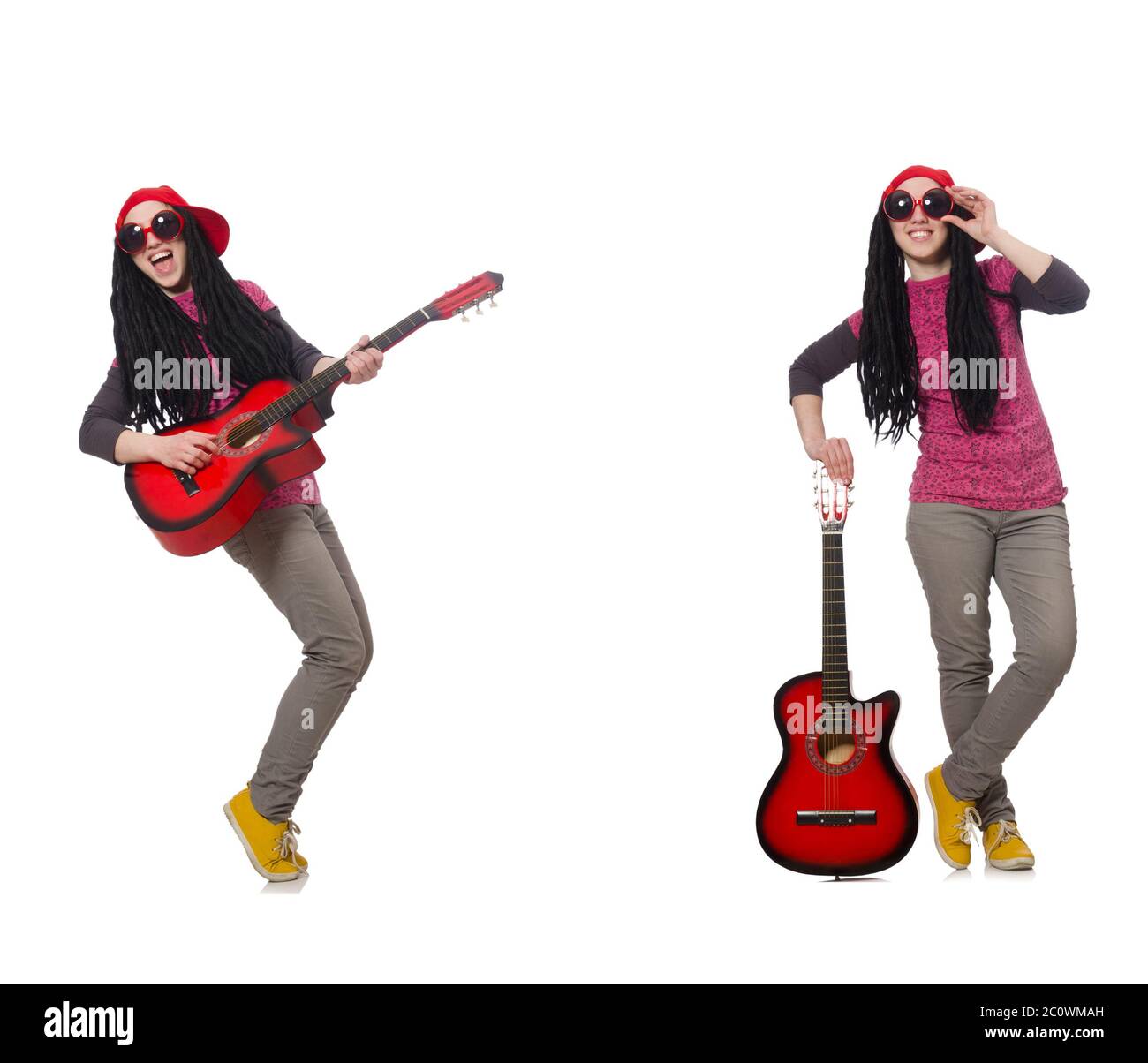 Hipste guitar player isolated on white Stock Photo