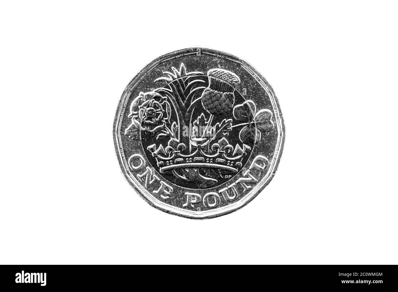 New one pound coin of England UK introduced in 2017 which show emblems of each of the nations cut out and isolated on a white background black & white Stock Photo