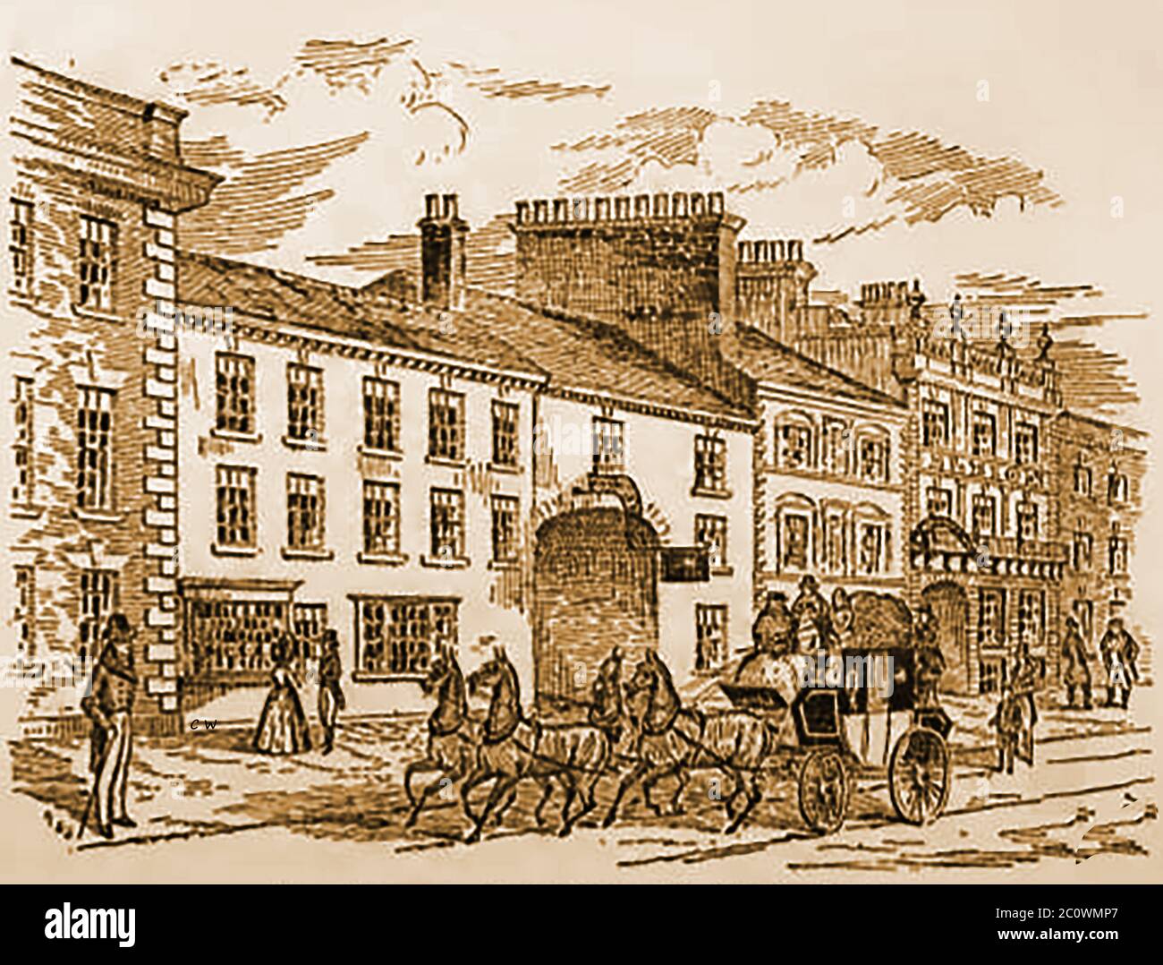 An old sketch of the Bull and Mouth (centre) and the Albion in  Leeds, UK. The Bull and Mouth was  noted for its Newcastle -coaches, the most important of which were the Times coach and the Hero coach. The Times (1829-40) ran from the 29th of June, 1829, leaving the Bull and Mouth early each morning, and running by way of Harrogate, Knaresborough, Thirsk, Tontine, Yarm, Stockton, and Durham. In 1832 the route was changed and it ran via Northallerton and Darlington. Stock Photo