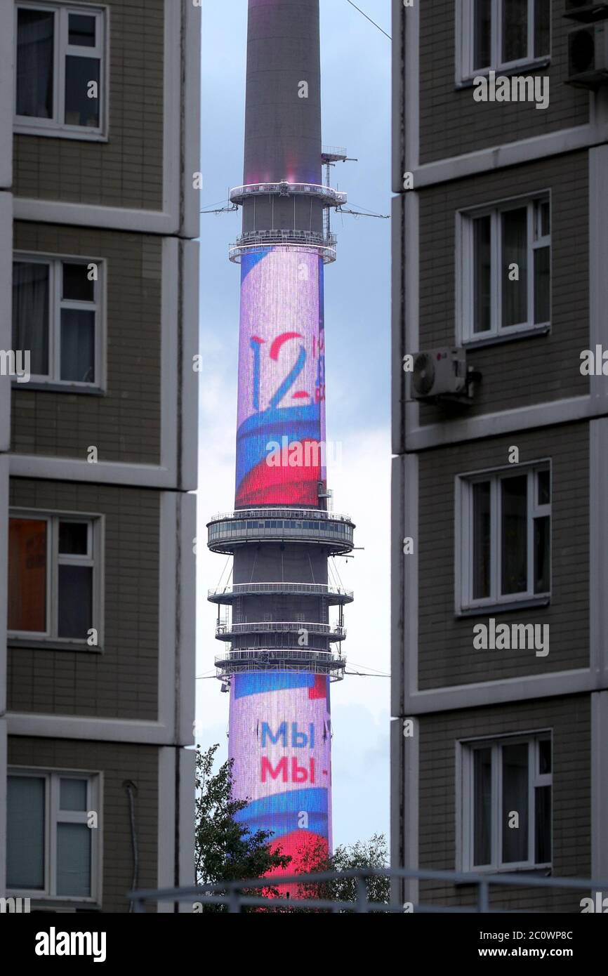 Moscow Russia 12th June Ostankino Tower Lit In The Russian National Colours Is Seen Behind Blocks Of Flats During A National Holiday Known As Russia Day Celebrated On 12 June Amid