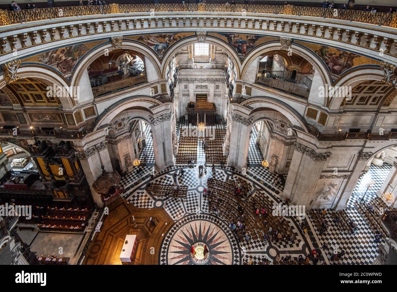 St Paul's Cathedral, London, England. Inside the cathedral taken from the Whispering Gallery. The Whispering Gallery can be seen in the top of the pic Stock Photo