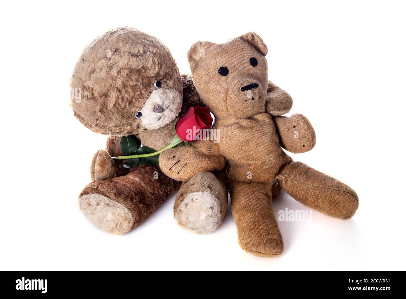 Valentines day. Vintage Teddy lovers with red rose. Wedding anniversary or valentine card image of cute old aged teddies in love. Grandparents in love Stock Photo