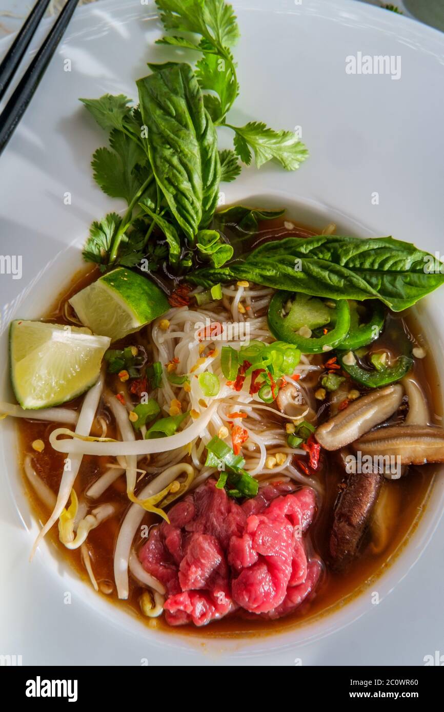 Traditional Vietnamese pho bo beef noodle soup served with noodles