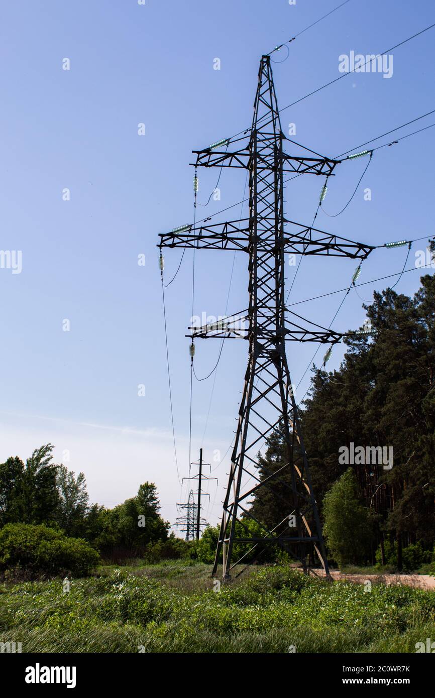 high voltage power lines in forest Stock Photo - Alamy
