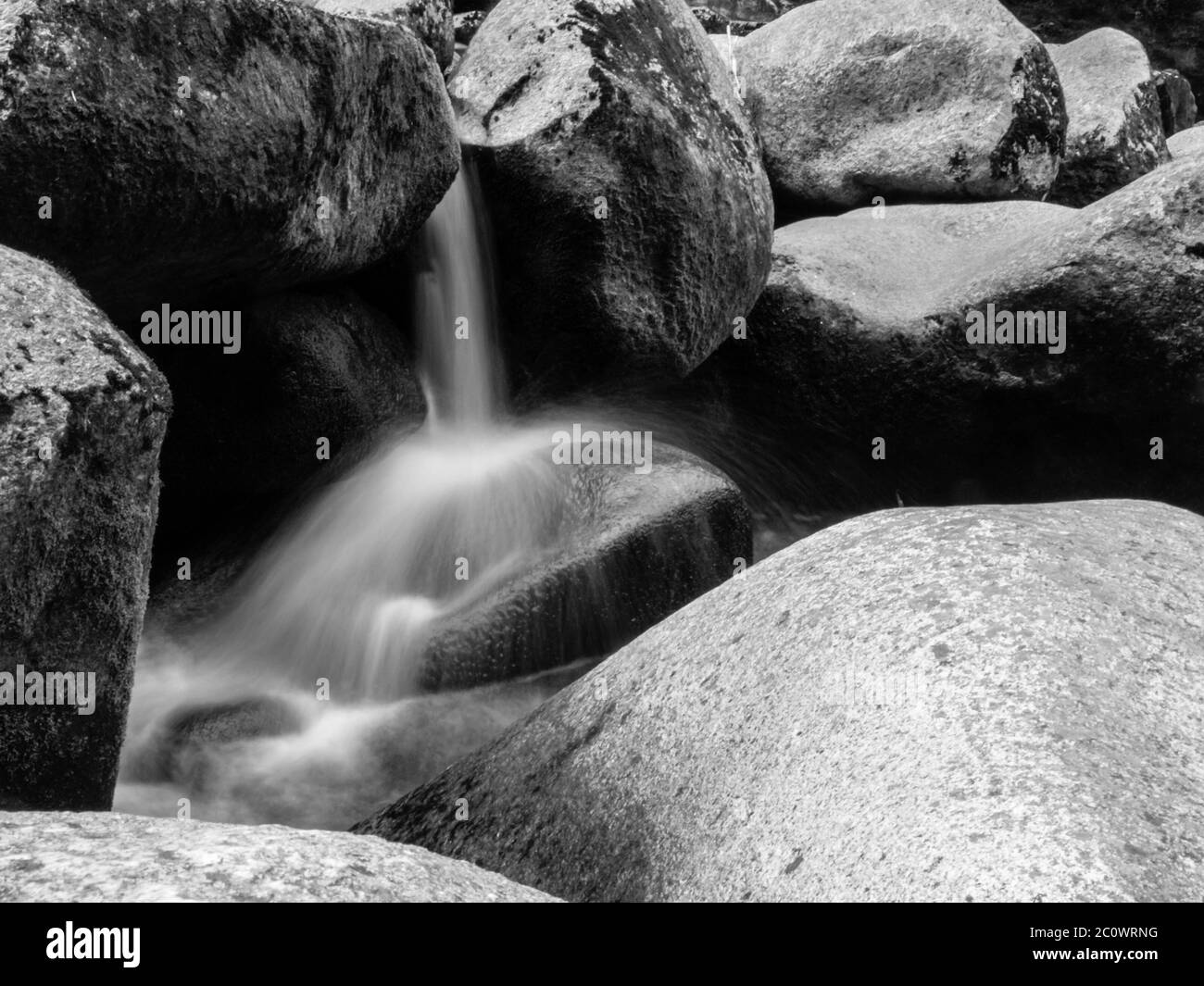 Blurred river stream detail of wild rocky mountain river. Silky effect. Motion rendition effect. Slow shutter speed effect. Long exposure effect. . Black and white image. Stock Photo