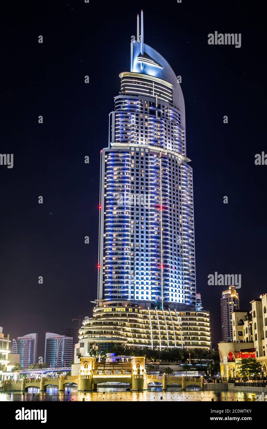 Dubai fountains and the luxury hotel the address hires stock
