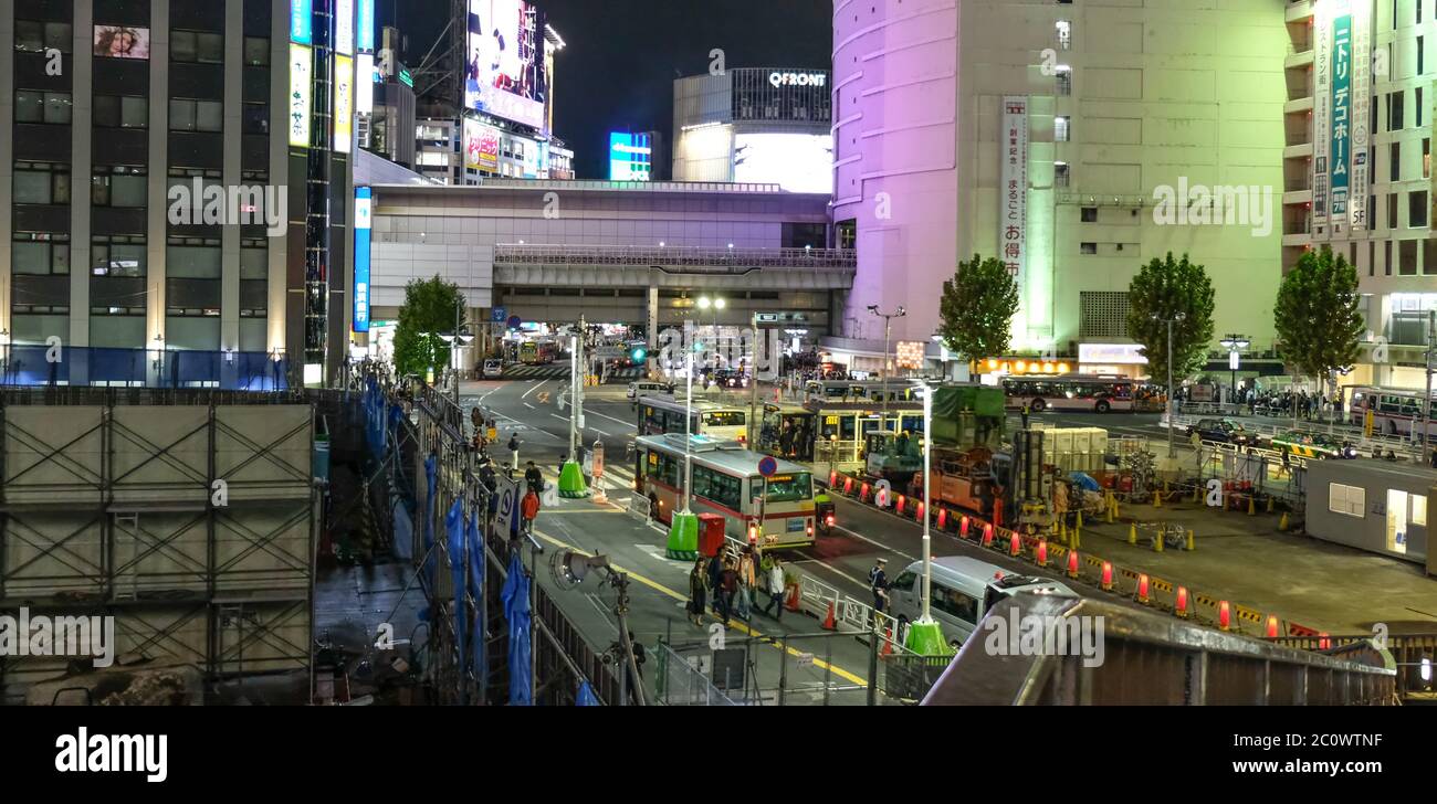 View of Shibuya Station at night, Tokyo, Japan Stock Photo