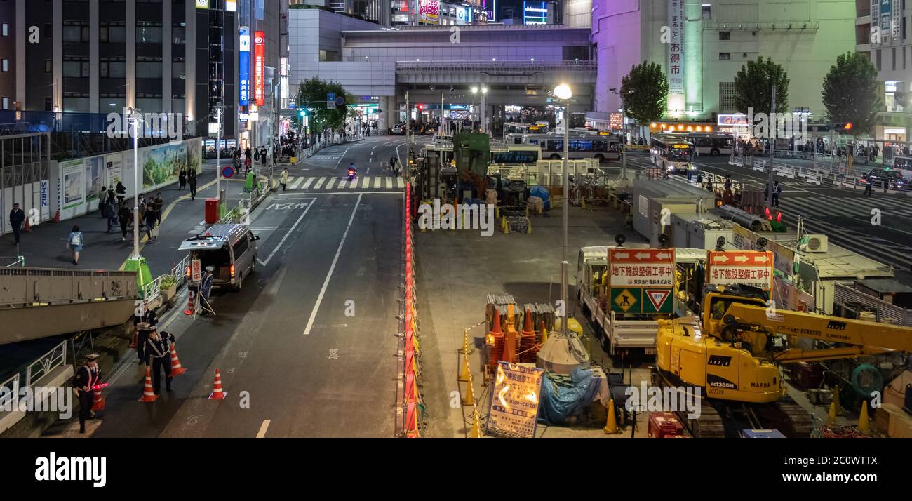 View of Shibuya Station at night, Tokyo, Japan Stock Photo