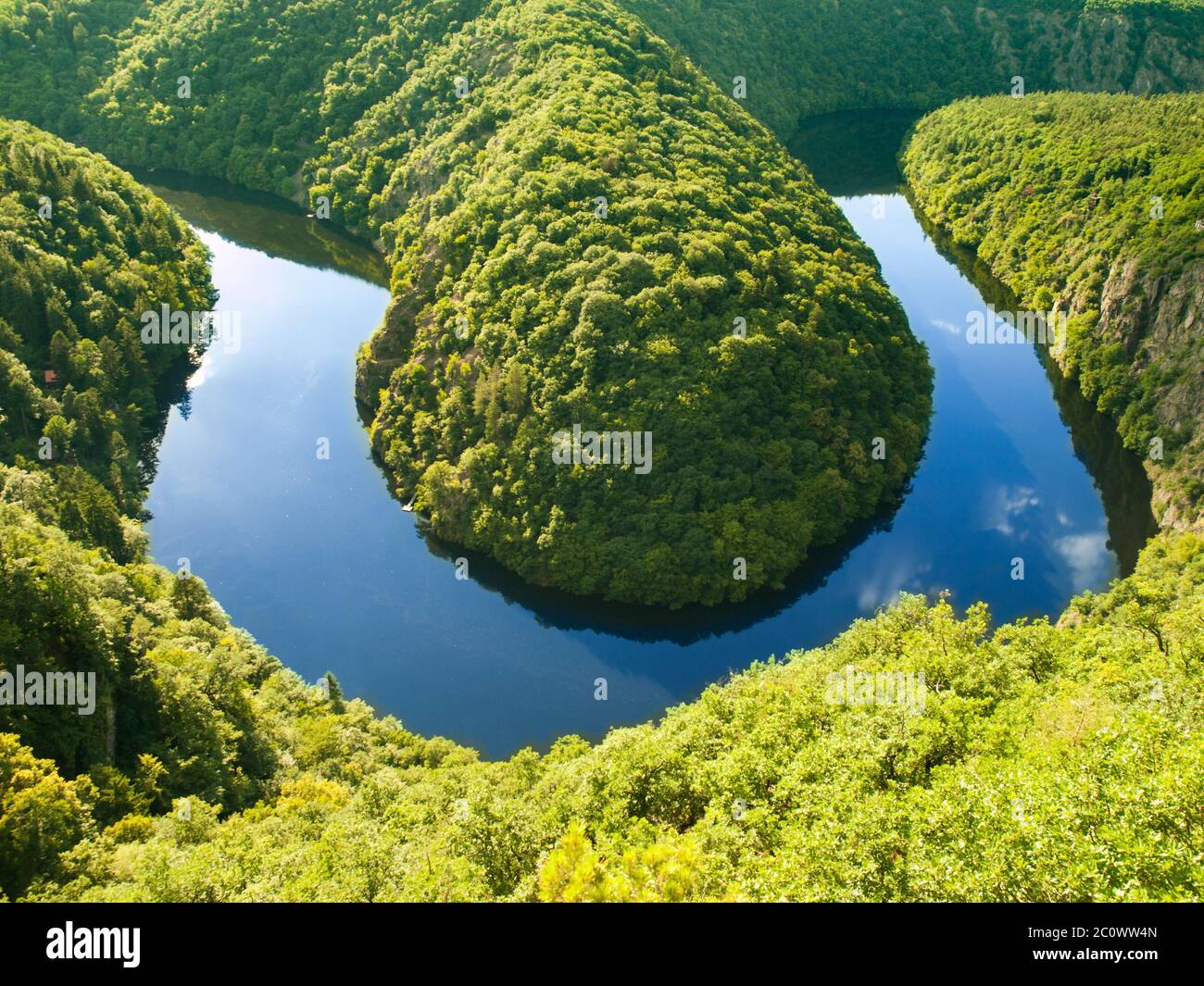 Vltava river horseshoe meander with green forest. View from Maj vantage point near Prague in central Bohemia, Czech republic Stock Photo