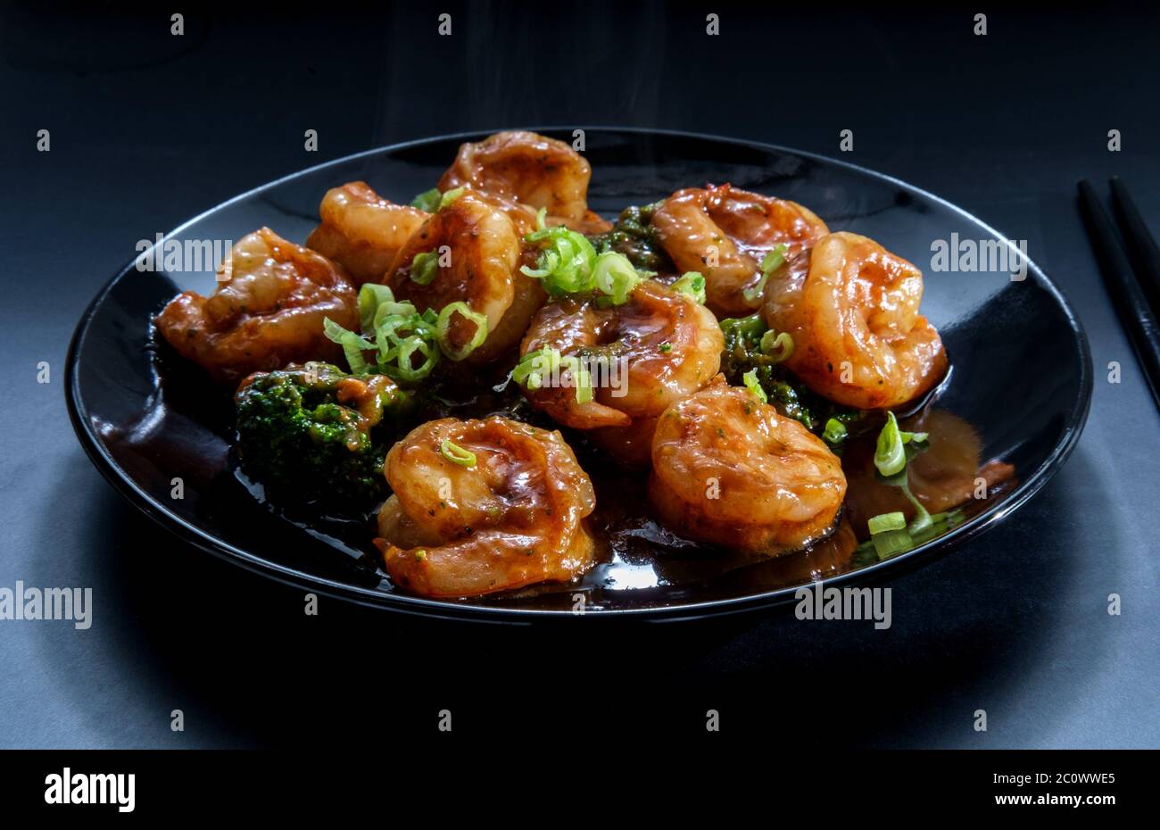 Chinese shrimp with broccoli in a garlic oyster sauce with moody