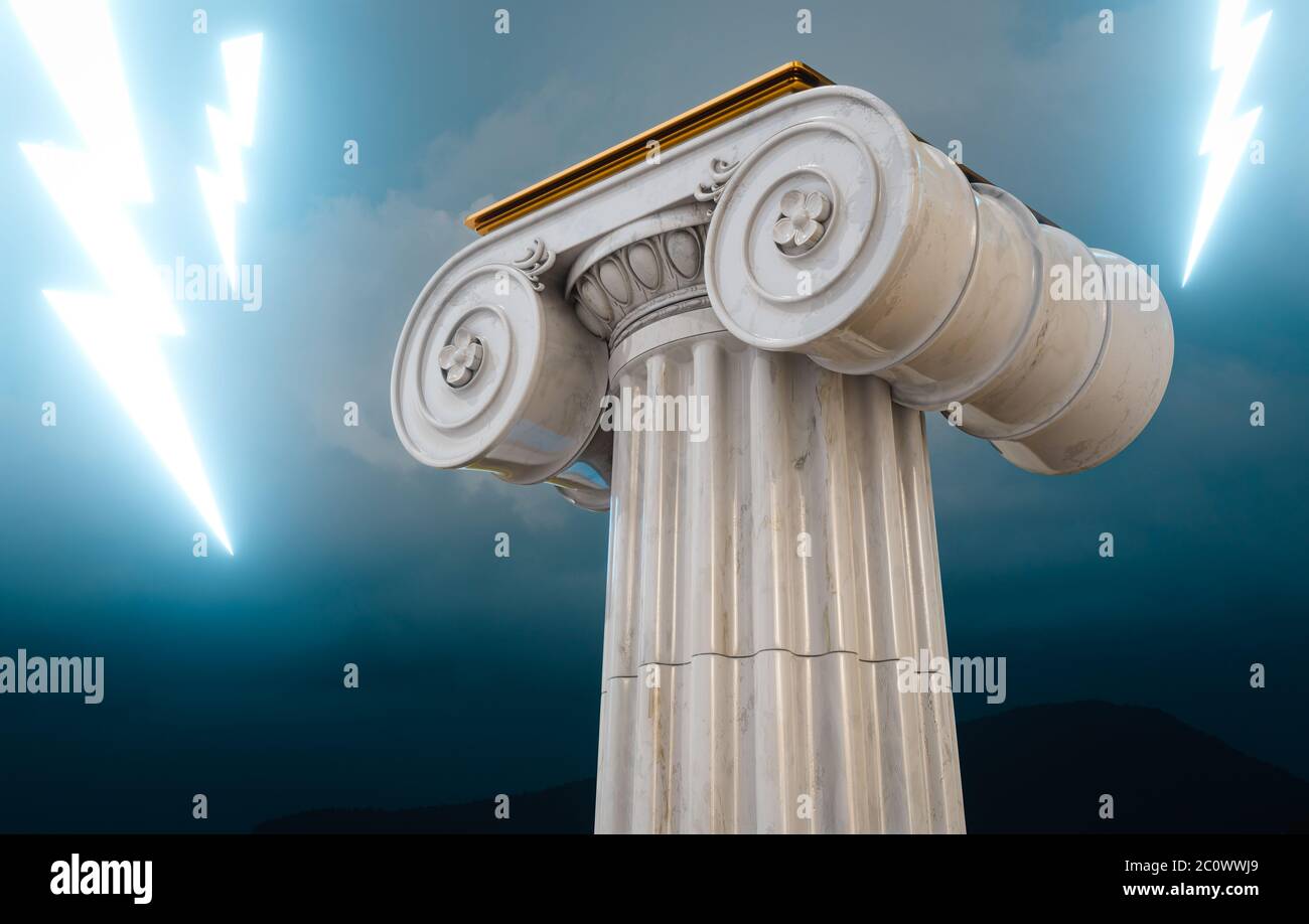 3D render of Greek column and lighting bolt - Ionic style. Ancient Greek pillar with thunder clouds in the background. Stock Photo