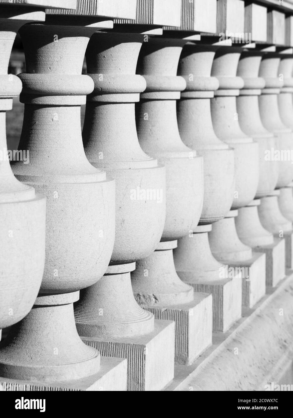 Ornamental stone balustrade. Detailed perspective view. Black and white image. Stock Photo
