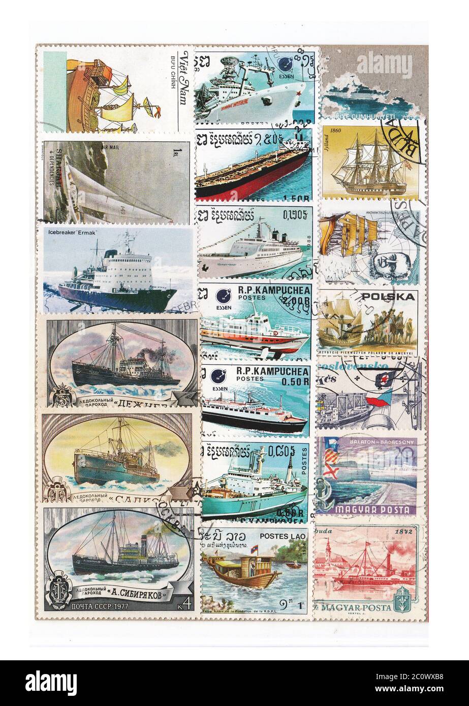 A set of Stamps that dedicates to different kinds of ships from old to the modern age. Stock Photo