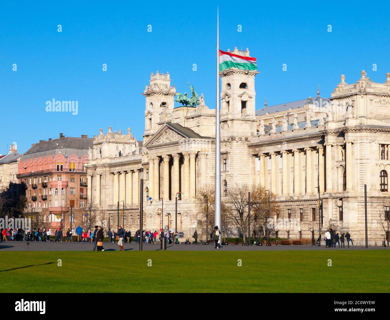 Hungarian National Museum of Ethnography, aka Neprajzi Muzeum, at Kossuth Lajos Square in Budapest, Hungary, Europe. View of entrance portal with two towers and architectural columns on sunny day with clear blue sky. UNESCO World Heritage Site. Stock Photo
