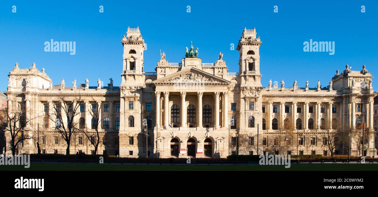 Hungarian National Museum of Ethnography, aka Neprajzi Muzeum, at Kossuth Lajos Square in Budapest, Hungary, Europe. Front view of entrance portal with two towers and architectural columns on sunny day with clear blue sky. UNESCO World Heritage Site. Stock Photo