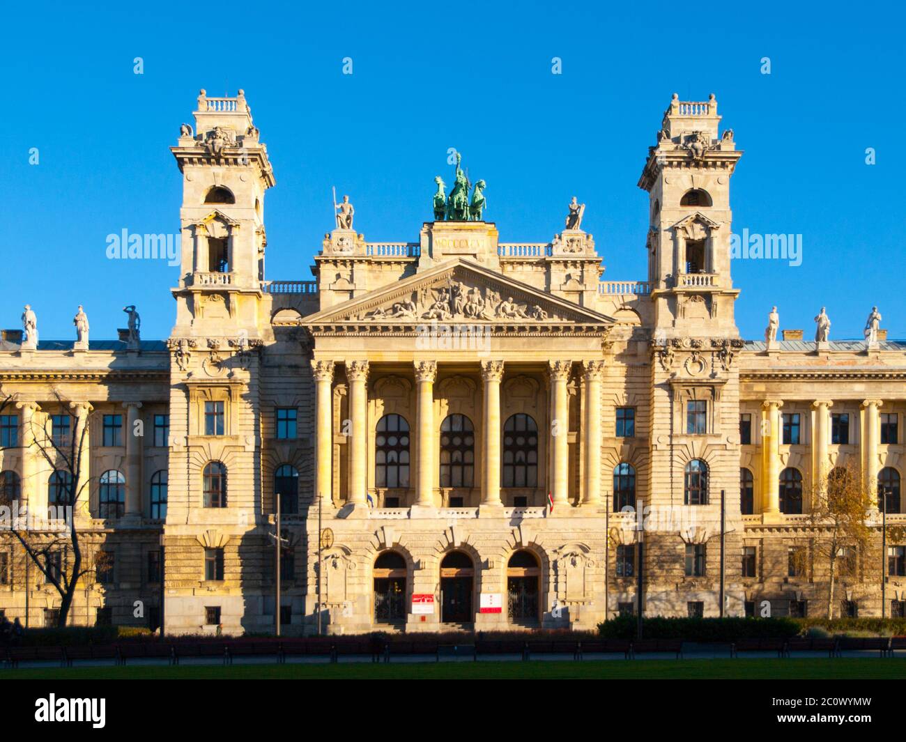 Hungarian National Museum of Ethnography, aka Neprajzi Muzeum, at Kossuth Lajos Square in Budapest, Hungary, Europe. Front view of entrance portal with two towers and architectural columns on sunny day with clear blue sky. UNESCO World Heritage Site. Stock Photo