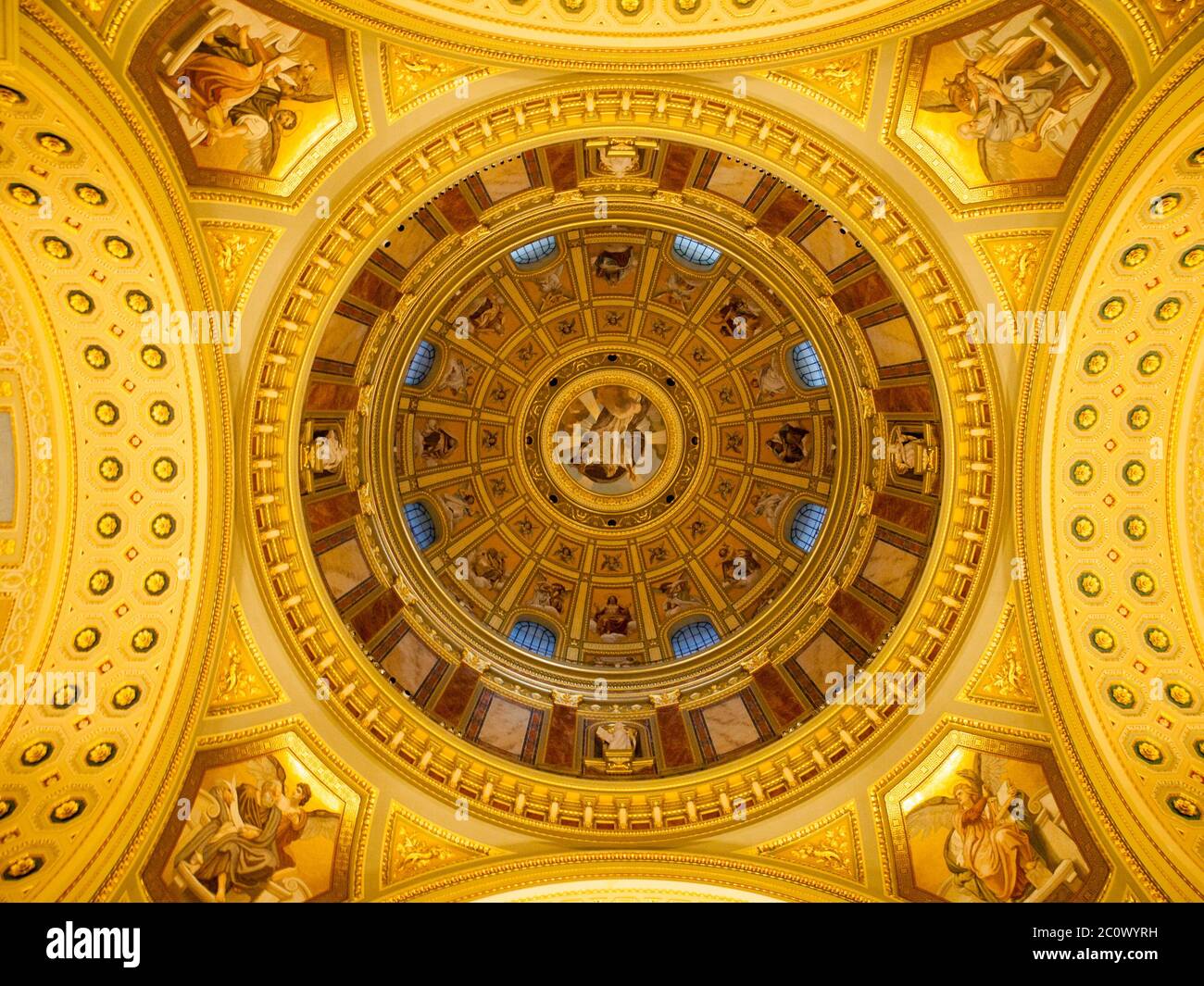Indoor view of colorful picturesque dome ceiling in Saint Stephen's Basilica, Budapest, Hungary, Europe. UNESCO World Heritage Site. Stock Photo