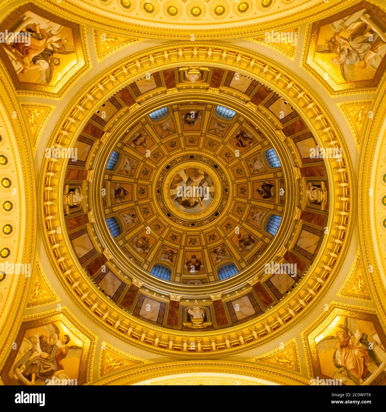 Indoor view of colorful picturesque dome ceiling in Saint Stephen's Basilica, Budapest, Hungary, Europe. UNESCO World Heritage Site. Stock Photo