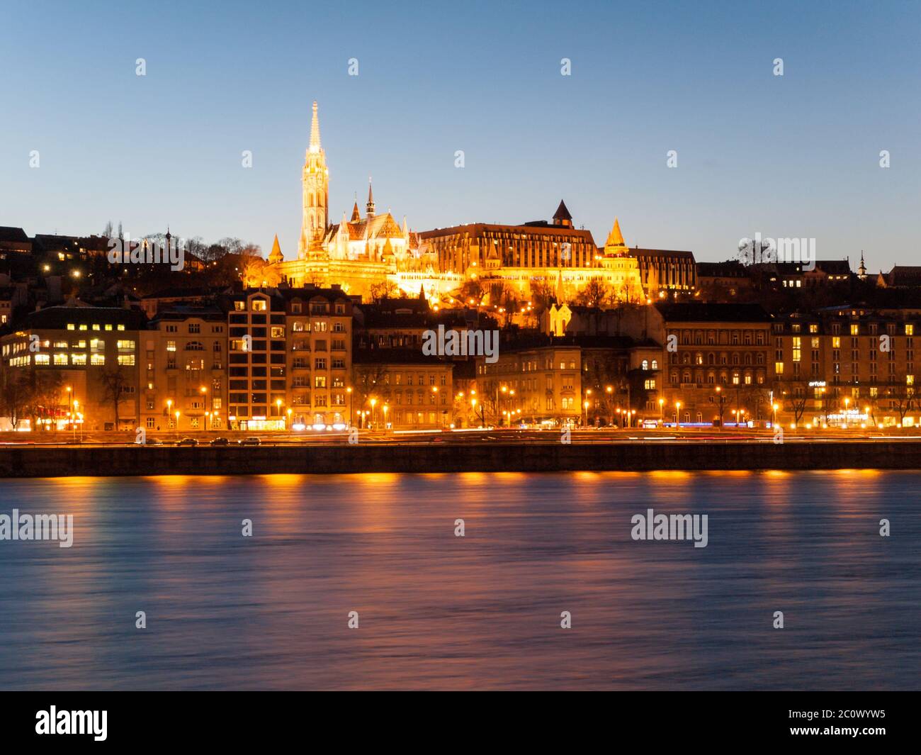 St. Matthias church and Fishermen's Bastion. View from Danube River. Budapest, Hungary. Night shot. Stock Photo