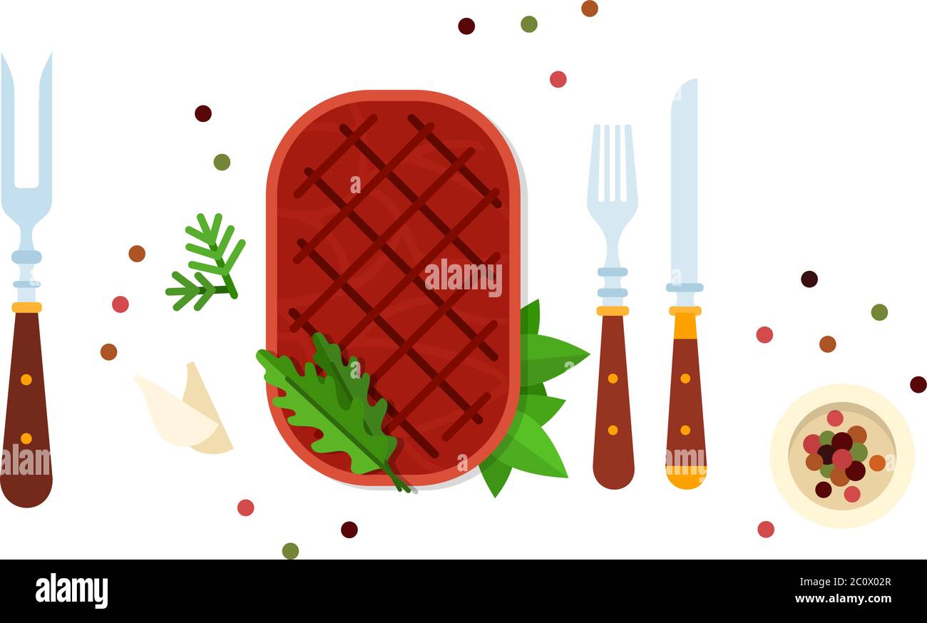 Beefsteak with herbs and cutlery vector flat isolated Stock Vector