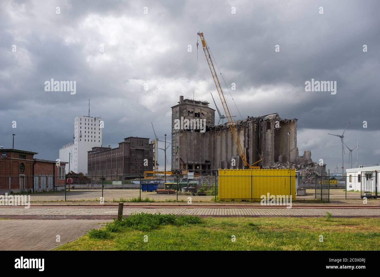 Old grain warehouse SAGMA being demolished to make way for an extension of the Antwerp ringway. Stock Photo