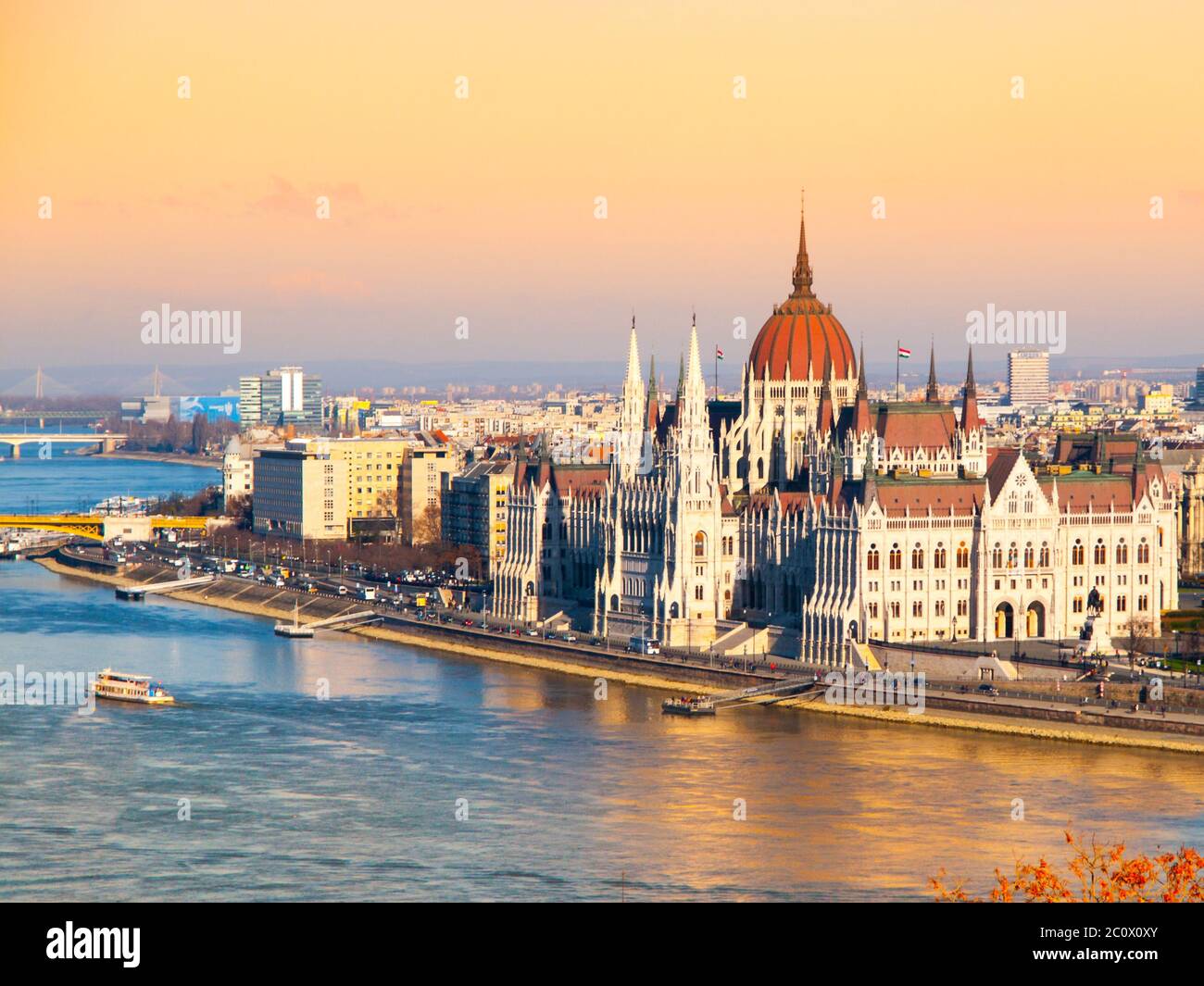 Hungarian Parliament, aka Orszaghaz, historical building on Danube riverbank in the centre of Budapest, Hungary, Europe. UNESCO World Heritage Site. Aerial view from Buda Castle. Stock Photo