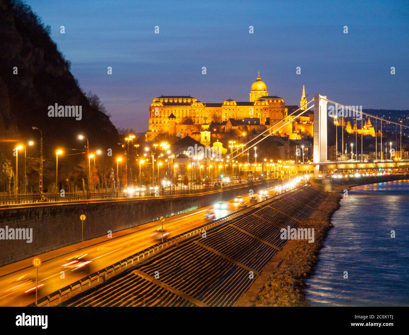 Illuminated Royal Buda Castle above Danube River by night in Budapest, Hungary, Europe. UNESCO World Heritage Site. Stock Photo