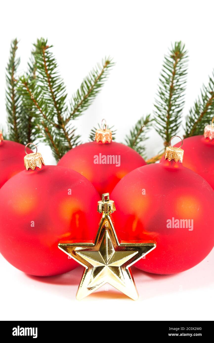 red Christmas balls and fir branch Stock Photo - Alamy