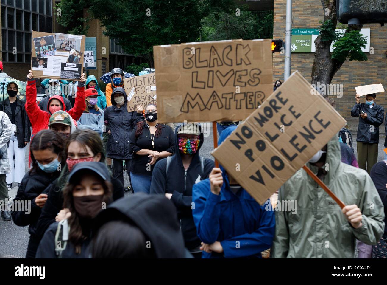 Portland, USA. 12th June, 2020. Hundreds of students and faculty protest the presence of an armed police force on the campus of Portland State University on June 12, 2020 in Portland, Oregon, near the anniversary of their fatal shooting of Jason Washington in 2018. (Photo by John Rudoff/Sipa USA) Credit: Sipa USA/Alamy Live News Stock Photo