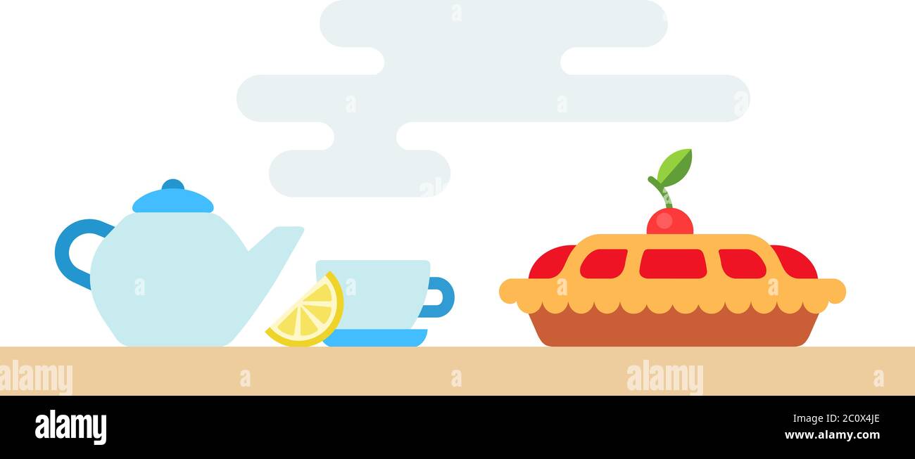Tableware for tea and cherry pie vector icon flat isolated Stock Vector