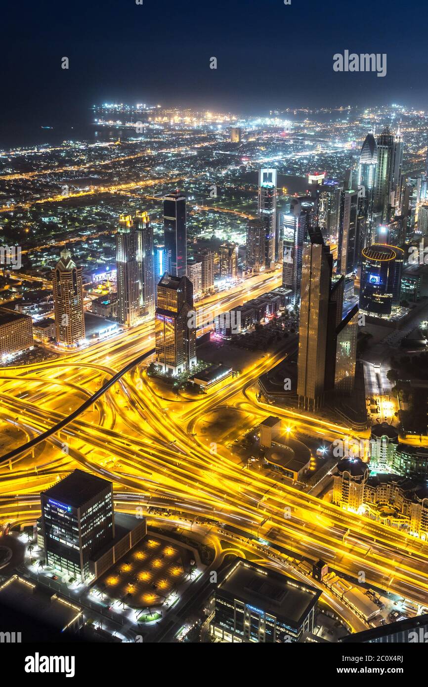 Dubai downtown night scene with city lights, Stock Photo