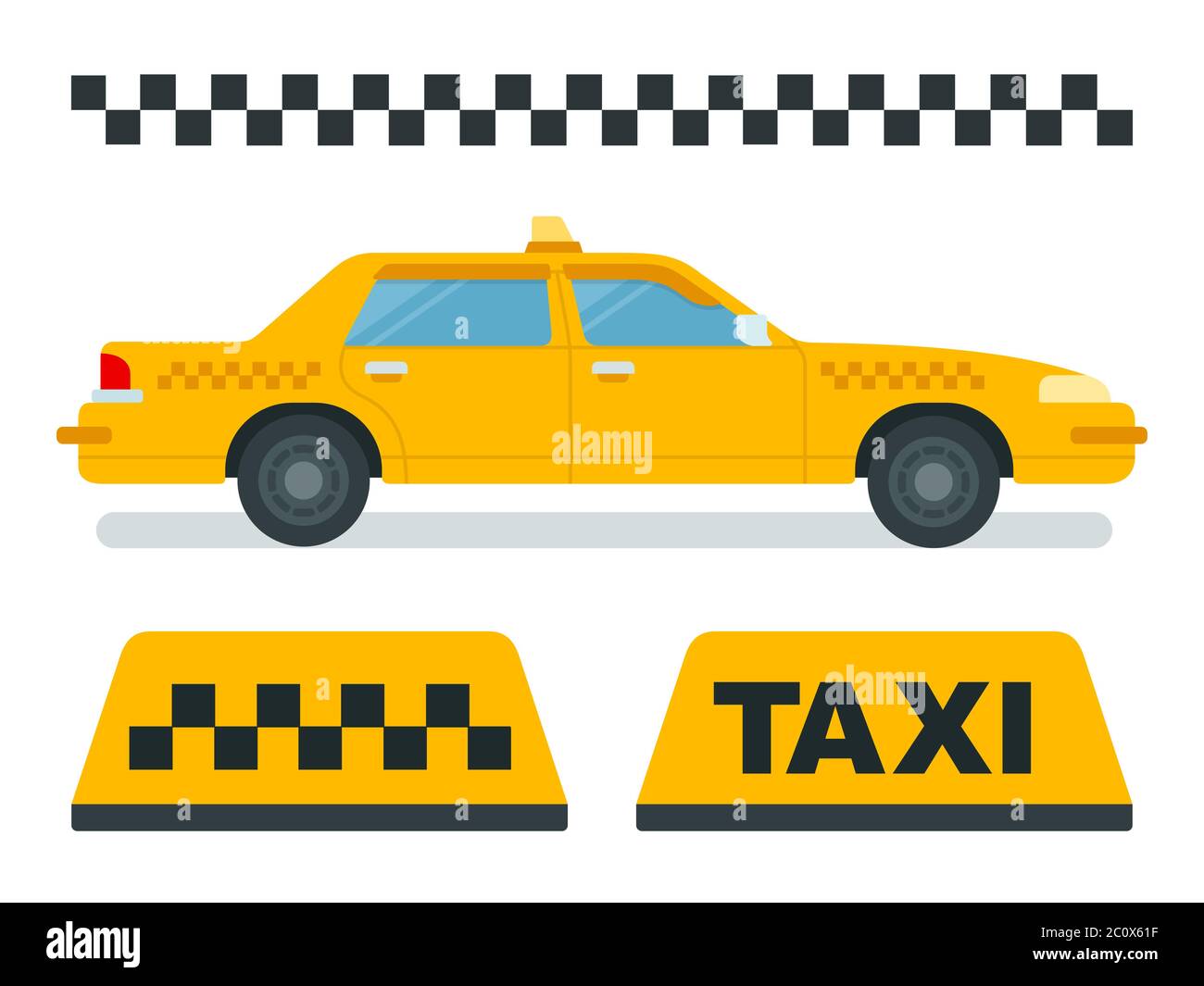 Concept taxi, yellow car, checkered taxi vector icons in flat design. Stock Vector