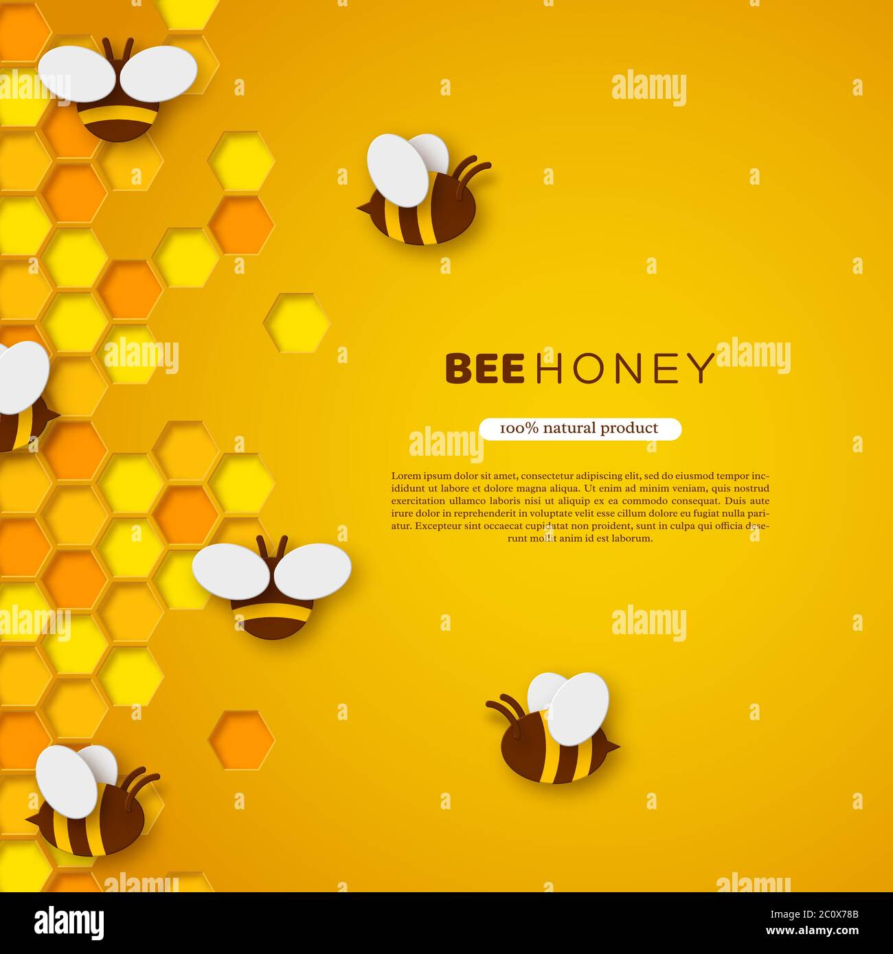 Paper cut style bee with honeycombs. Stock Vector