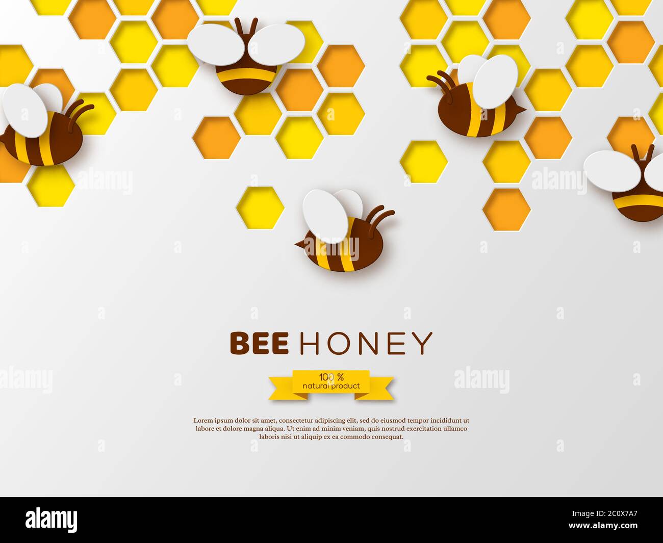 Paper cut style bee with honeycombs. Template design for beekeeping and honey product. White background, vector illustration. Stock Vector