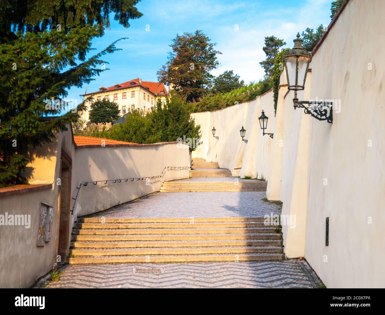 Old Castle Stairs on Prague Castle. Medieval stairway with vintage lamps, Prague, Czech Republic